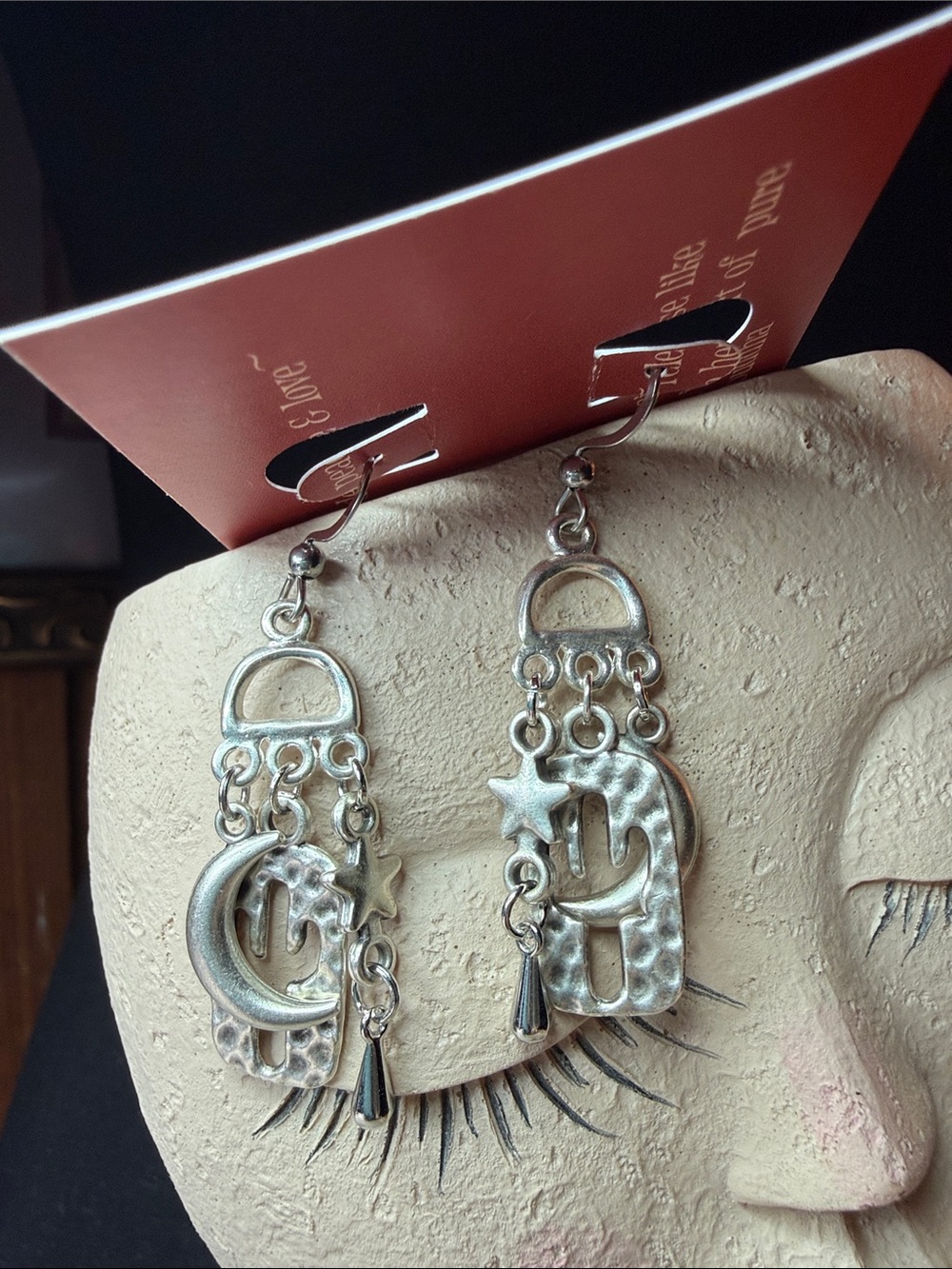 Silver Tone Celestial Moon & Star Dangle Earrings - Unbranded